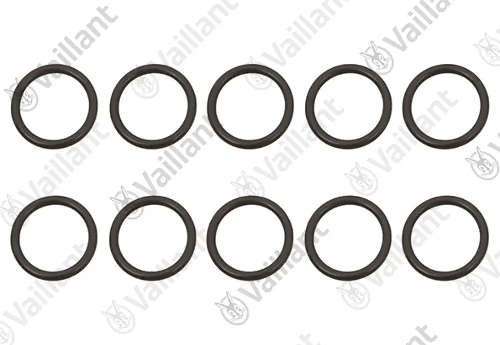 Vaillant O-Ringe in schwarzer Farbe, angeordnet in zwei Reihen, insgesamt zehn Stück, geeignet für verschiedene Anwendungen.